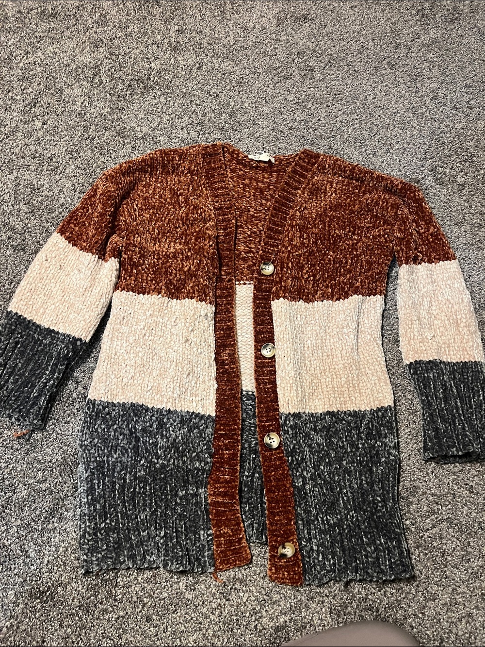 Cozy Colorblock Open-Front Cardigan - Rust, Cream & Olive